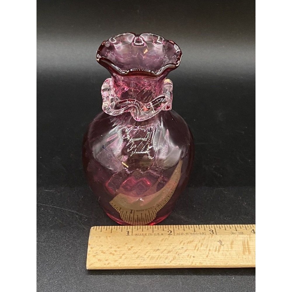 Hand Blown Pink Applied Clear Decoration Ribbon Swirl Glass Vase 4.5” - Picture 7 of 8